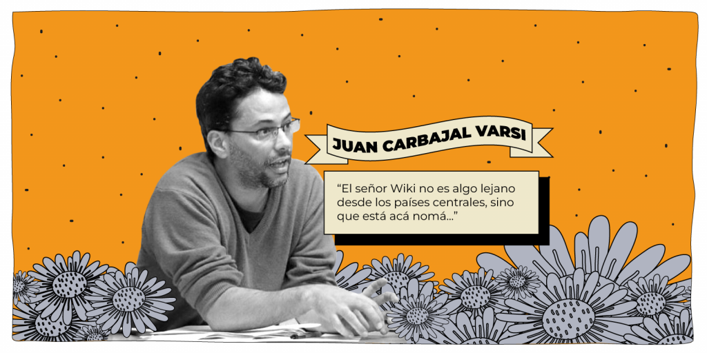 Ilustración con Juan Carbajal Varsi y elementos de la identidad ed WMUY, con la cita "El señor Wiki no es algo lejano desde los países centrales, sino que está acá nomá..."